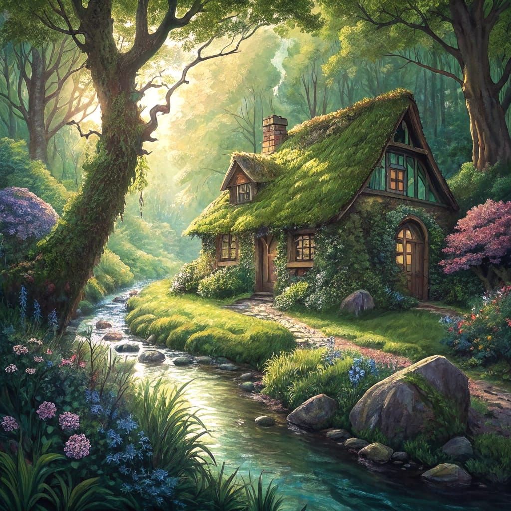 Mossy Cottage in Sun-Dappled Ancient Forest