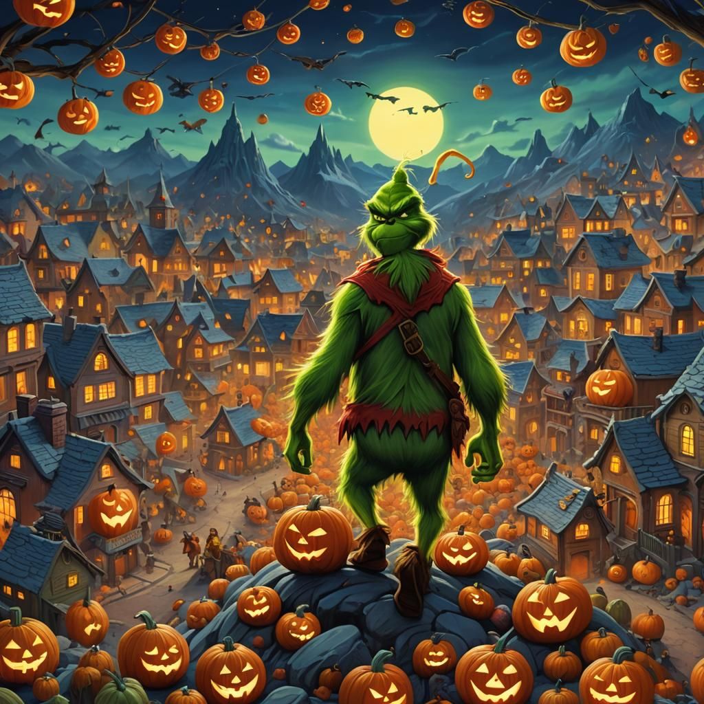 The Grinch Stealing Halloween Decorations as Oil Painting