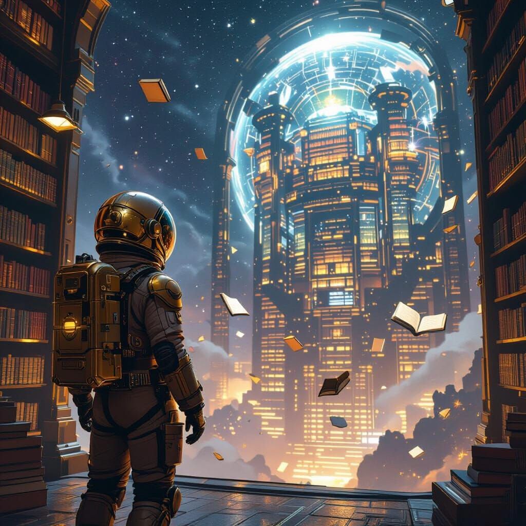 Steampunk Astronaut Gazing at Bioluminescent Space Library