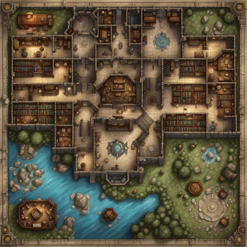 Detailed Top-Down Map of a Wizard's Library