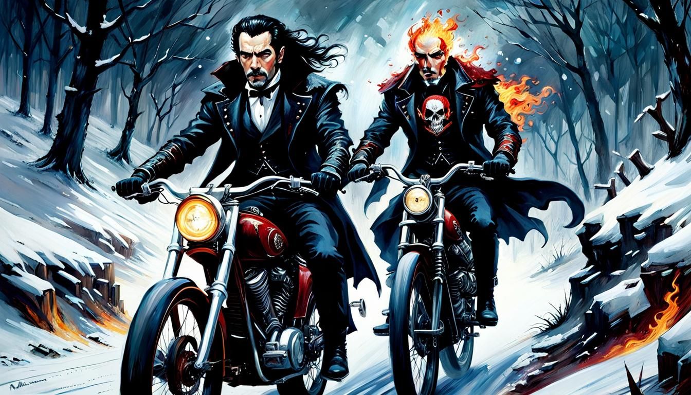 Dracula and Ghost Rider Ride in Dark Fantasy Art