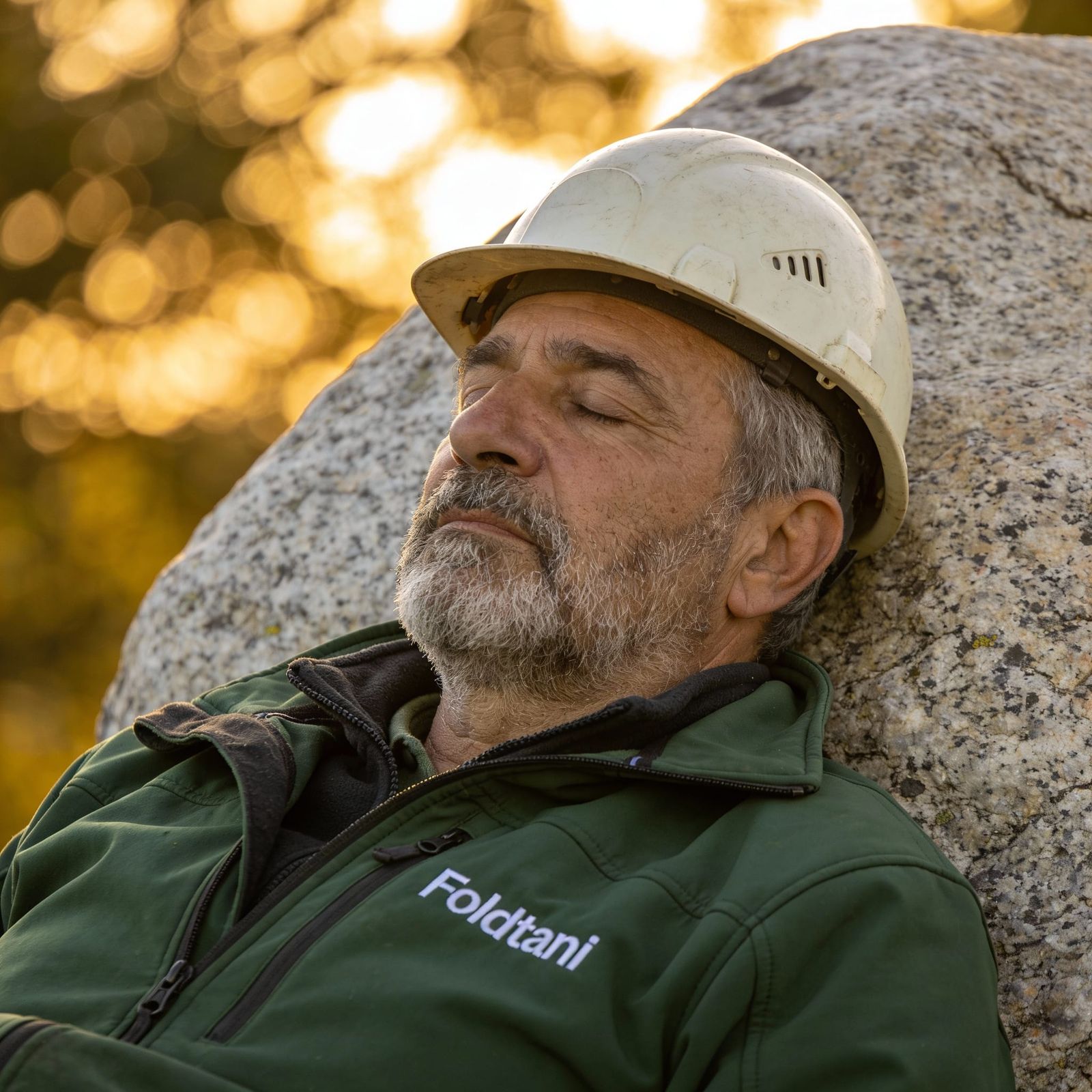 Geologist Resting Against Boulder in Golden Hour Light