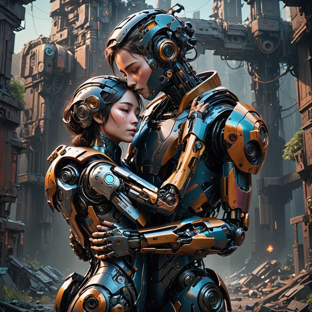 Woman and Robot Embrace: Detailed Matte Painting