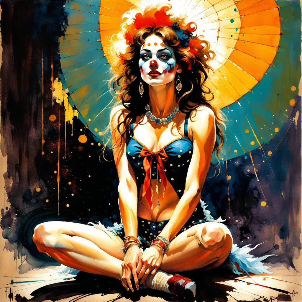 Clown Woman in Circus, Detailed Oil Painting