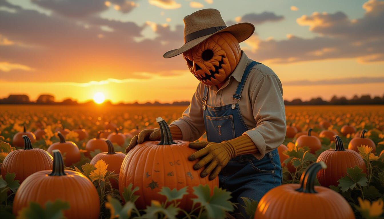 Anthropomorphic Pumpkin Farmer in Surreal Sunset Field