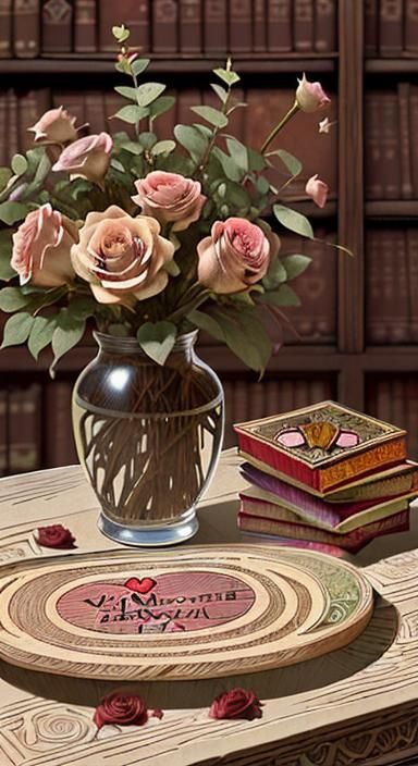 Valentine's Day Woodcut Art in Alphonse Mucha Style