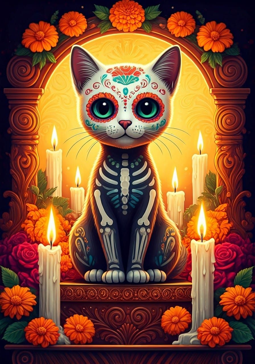 Sugar Skull Kitten on Ornate Day of the Dead Altar