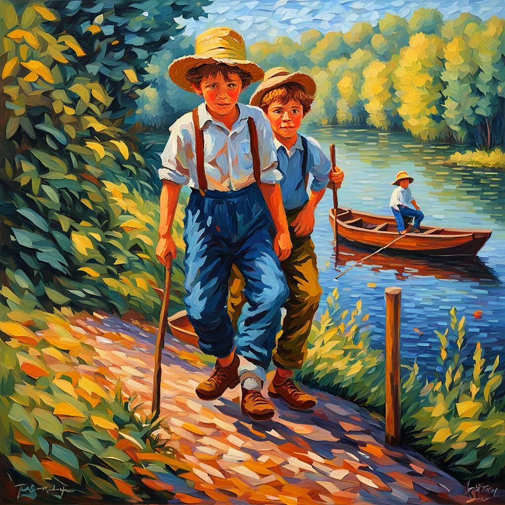 Tom Sawyer and Huck Finn in Expressionist Oil Painting