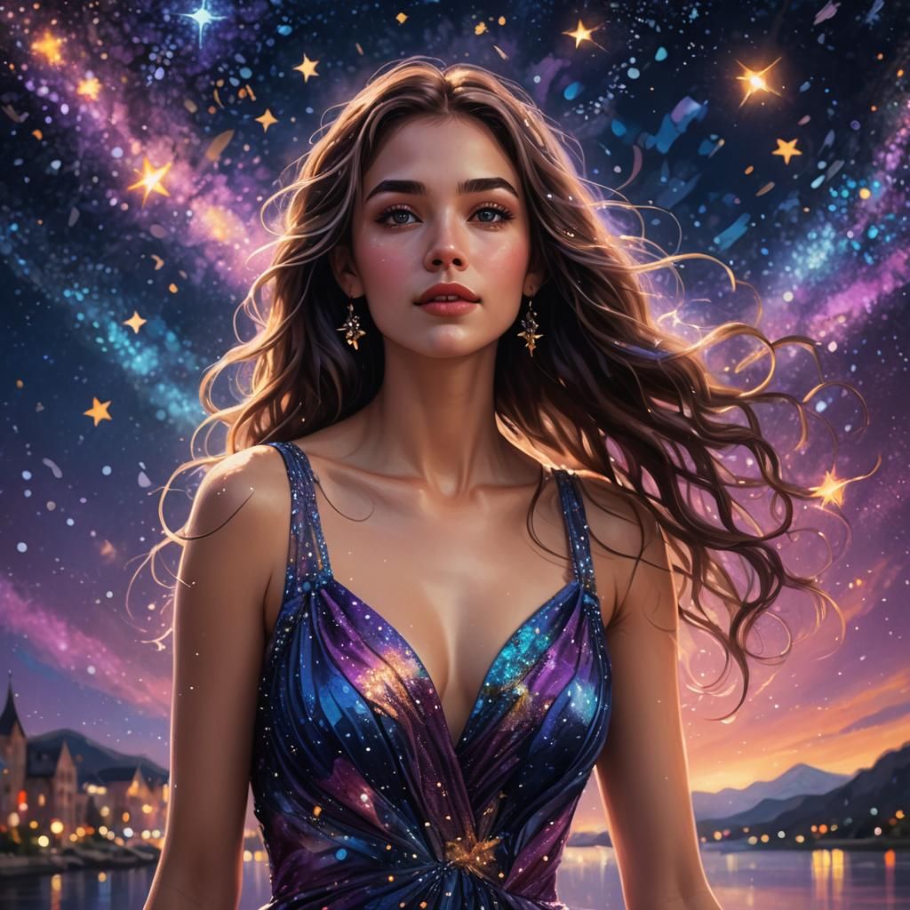 Romantic Lady Gazing at Stars in Splash Art Style