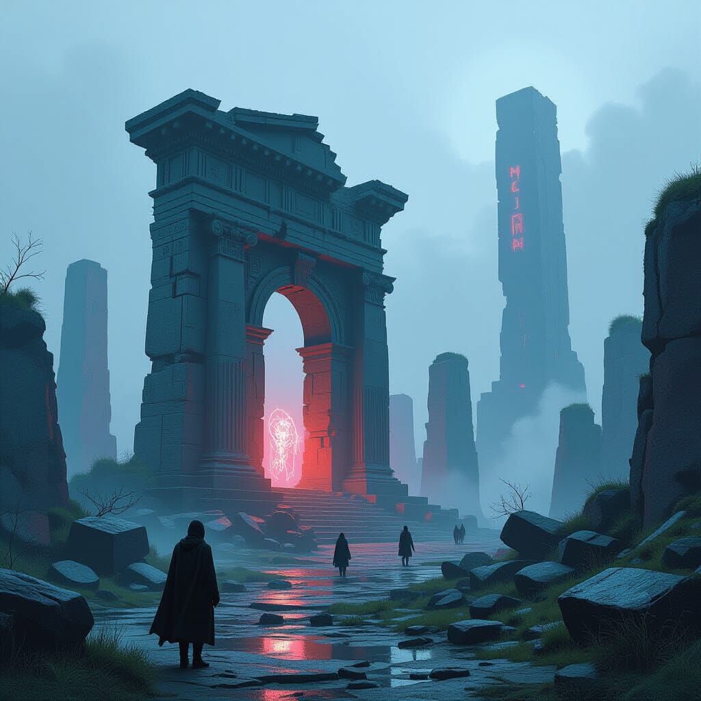 Ancient Ruins Meet Neon in Dark Mystical Art
