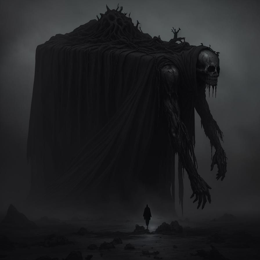 Hooded Figure Burdened in Eerie Landscape