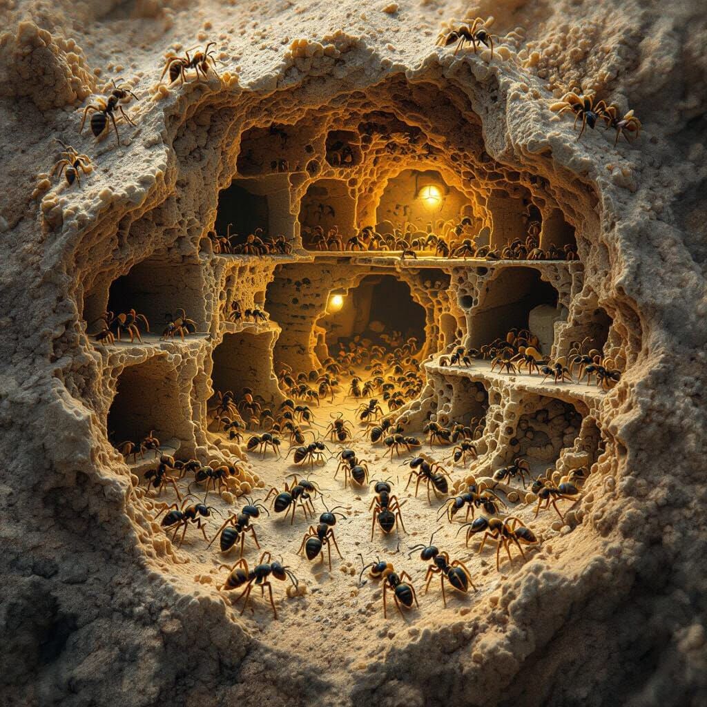 Ant Colony Cross-Section: Intricate Tunnels and Busy Ants