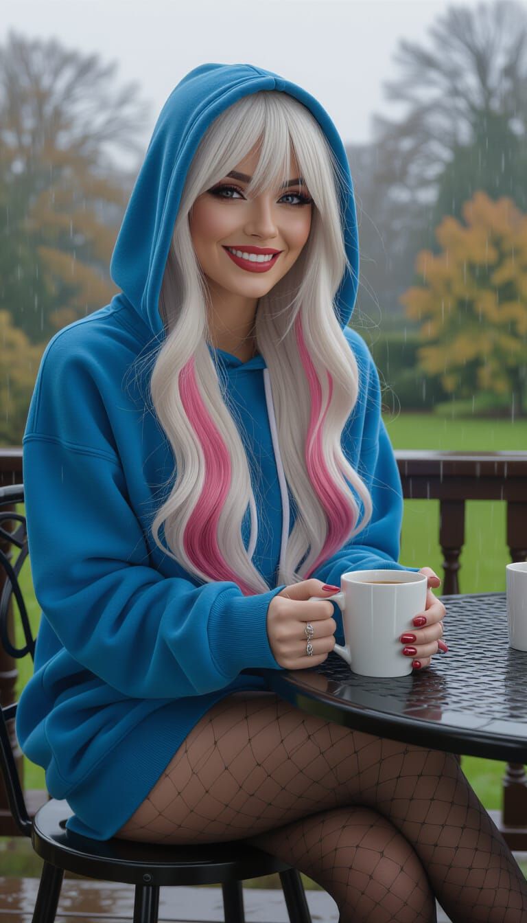 Woman Enjoying Coffee on Rainy Autumn Terrace