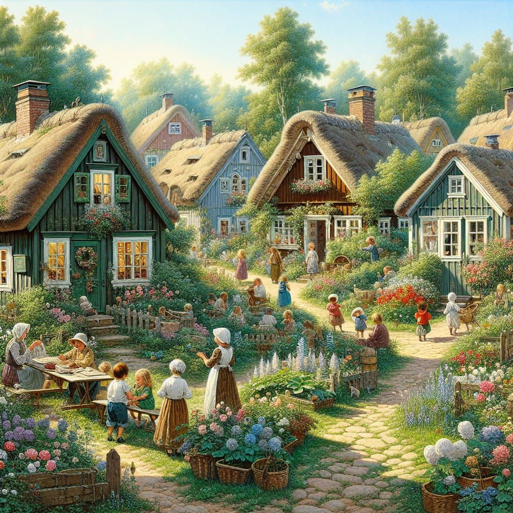 Charming Village Scene in Watercolor Style