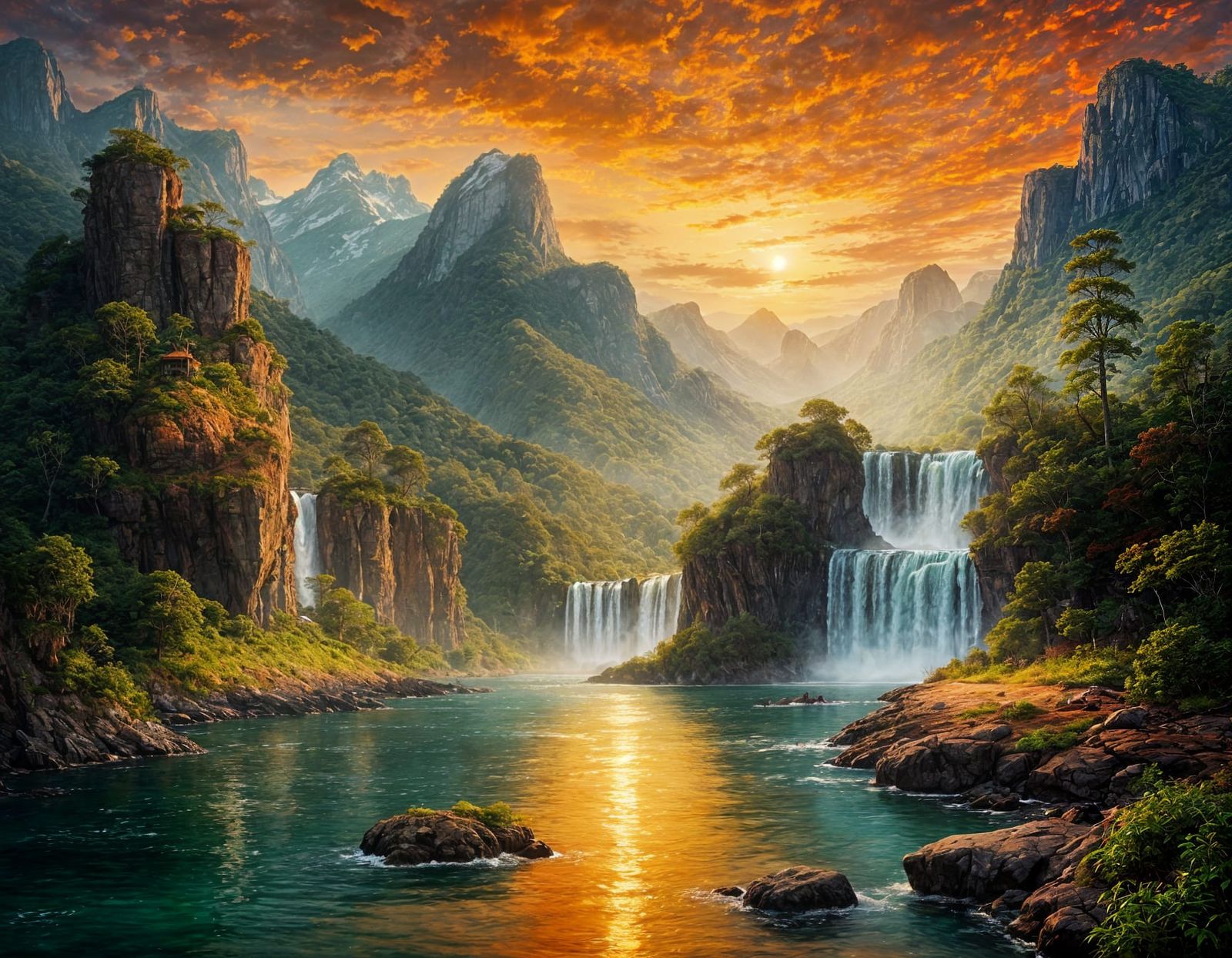 Majestic Waterfall Sunset Landscape Oil Painting