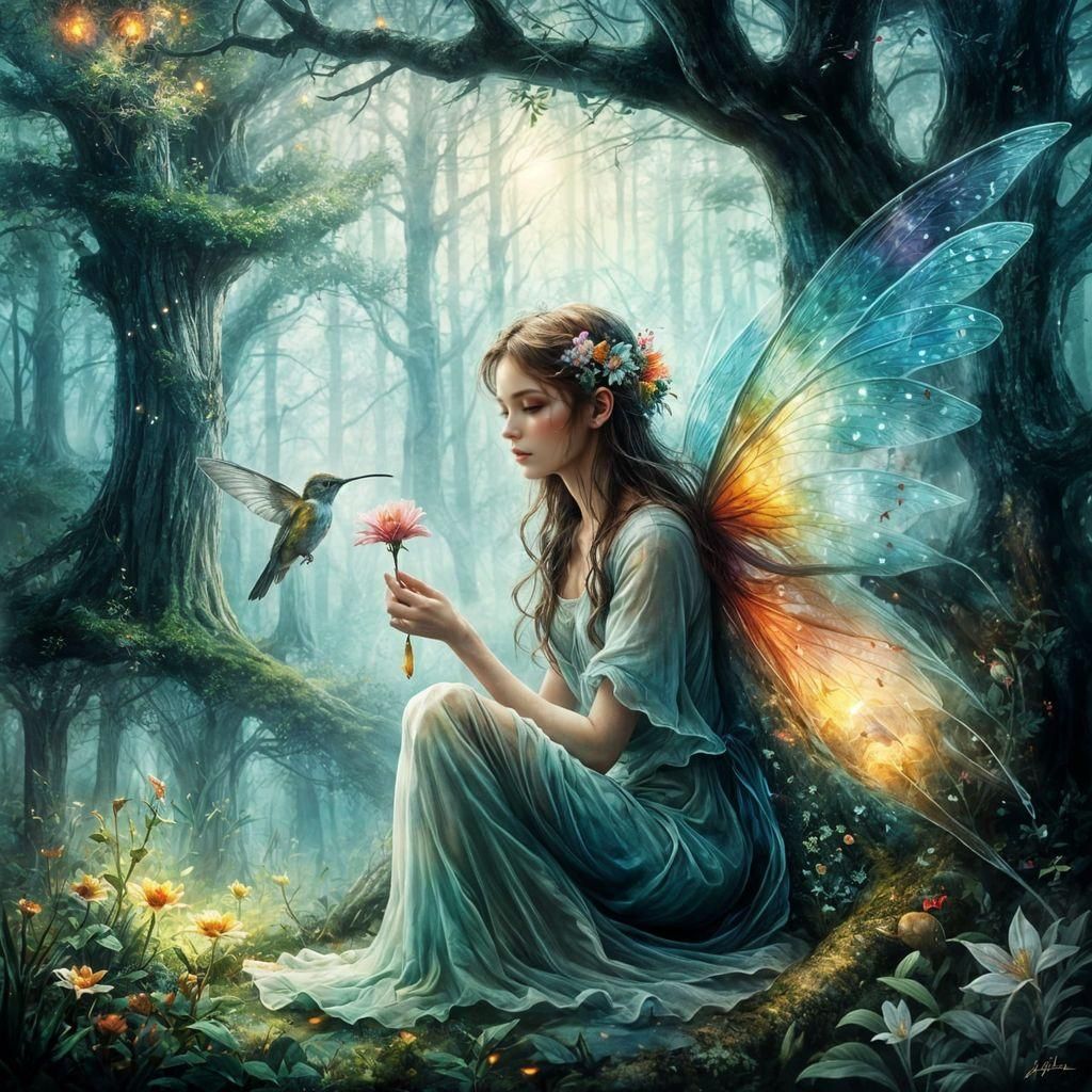Fairy and Hummingbird in Watercolor Style