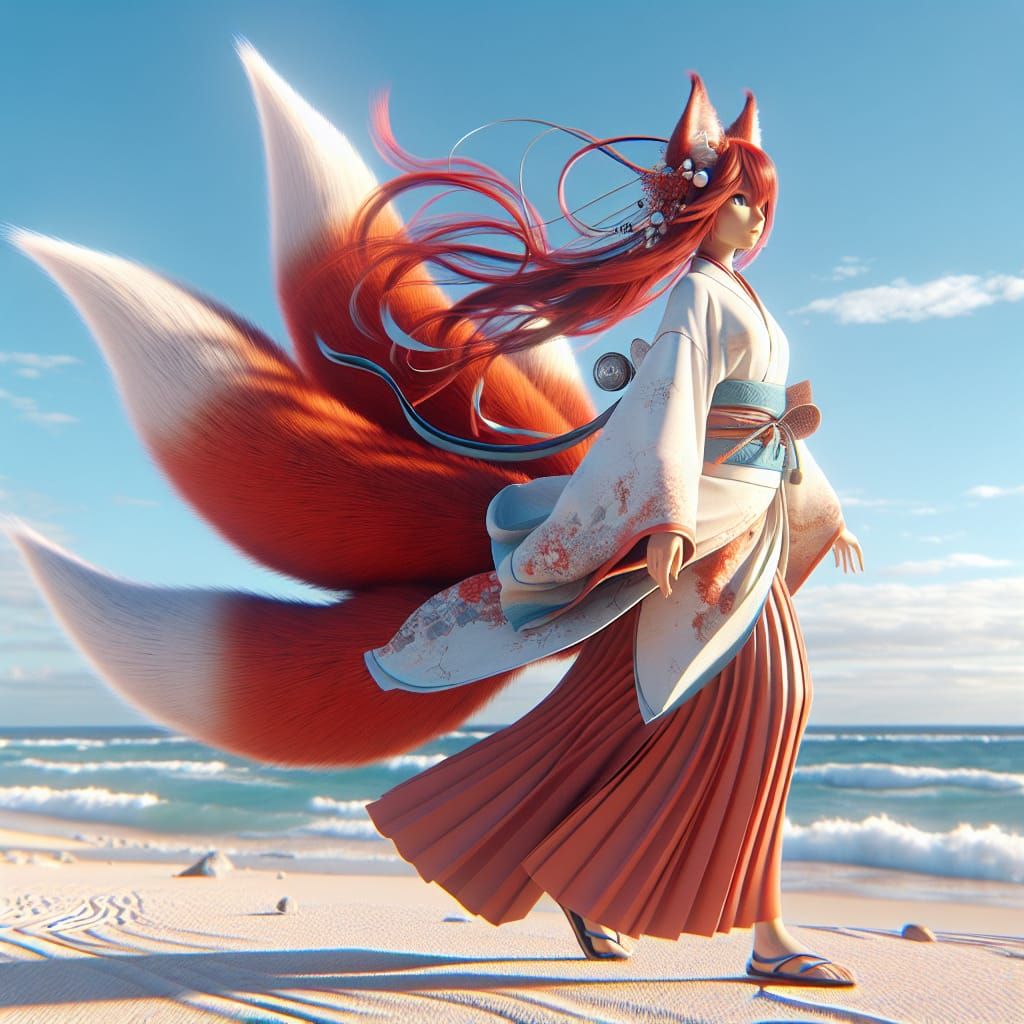 Fox-Eared Woman on Sunny Beach in CGI Style
