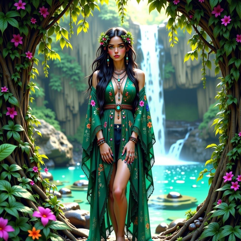 Bohemian Goddess in Emerald Green Robe Before Turquoise Wate...
