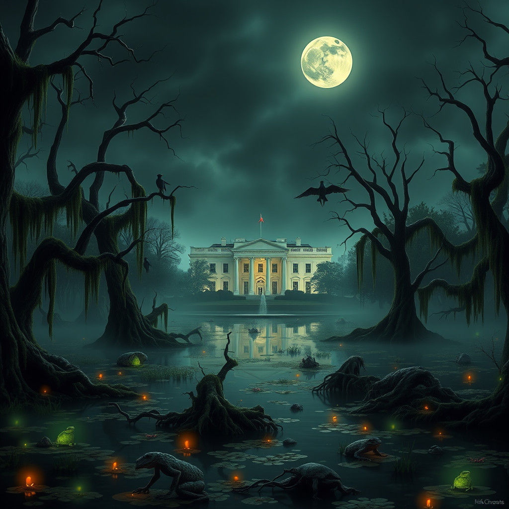Eerie Swamp Landscape with White House in Dreamlike Style