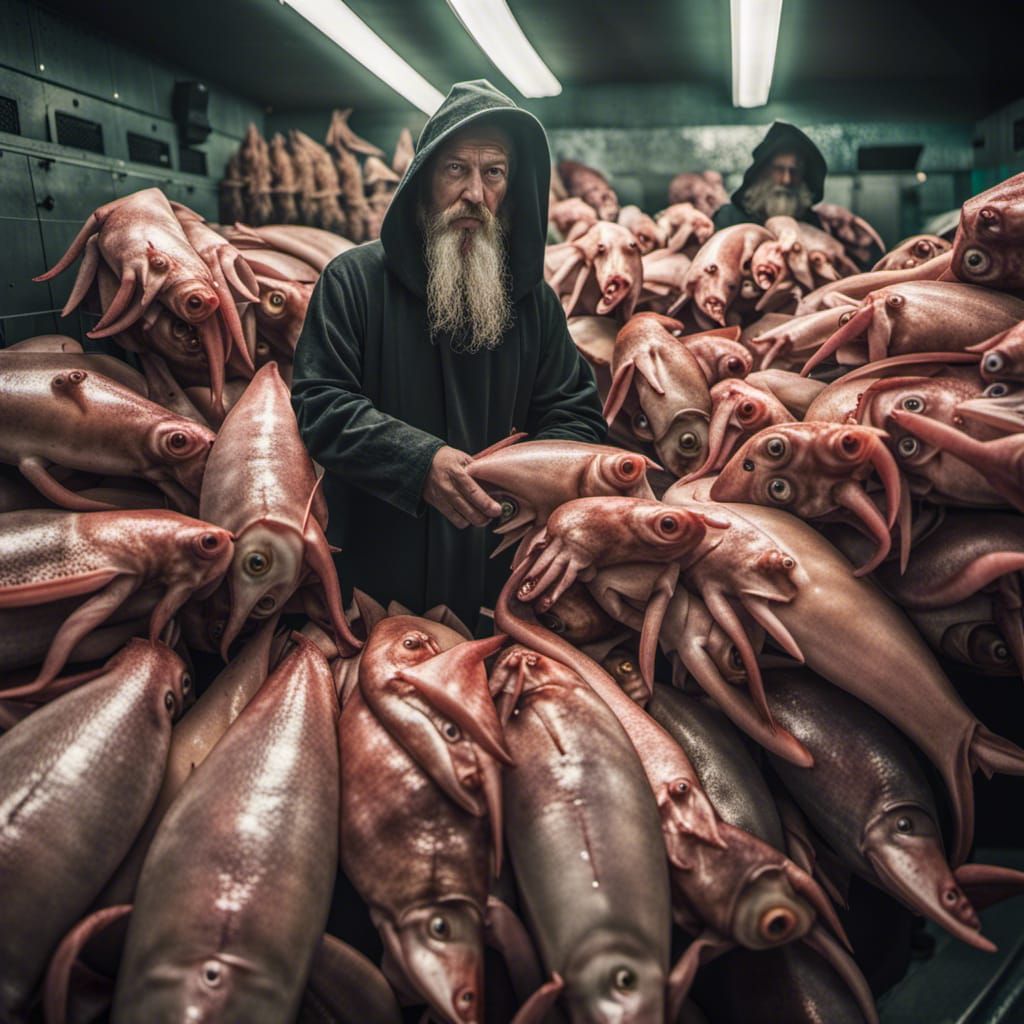 Occult Squid Figures in Meat Locker: Professional Photo