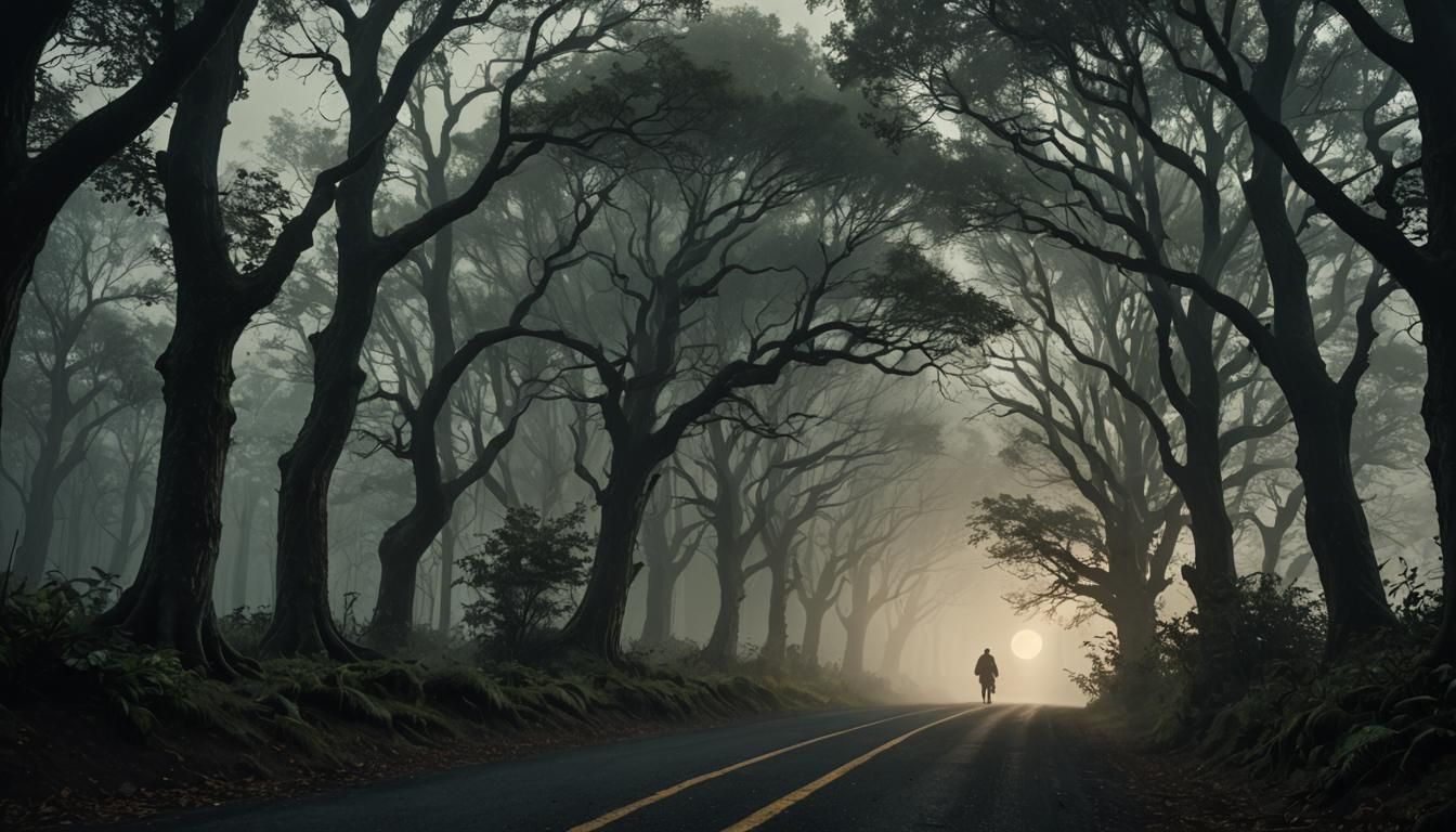 Eerie Road Through Misty Forest at Night
