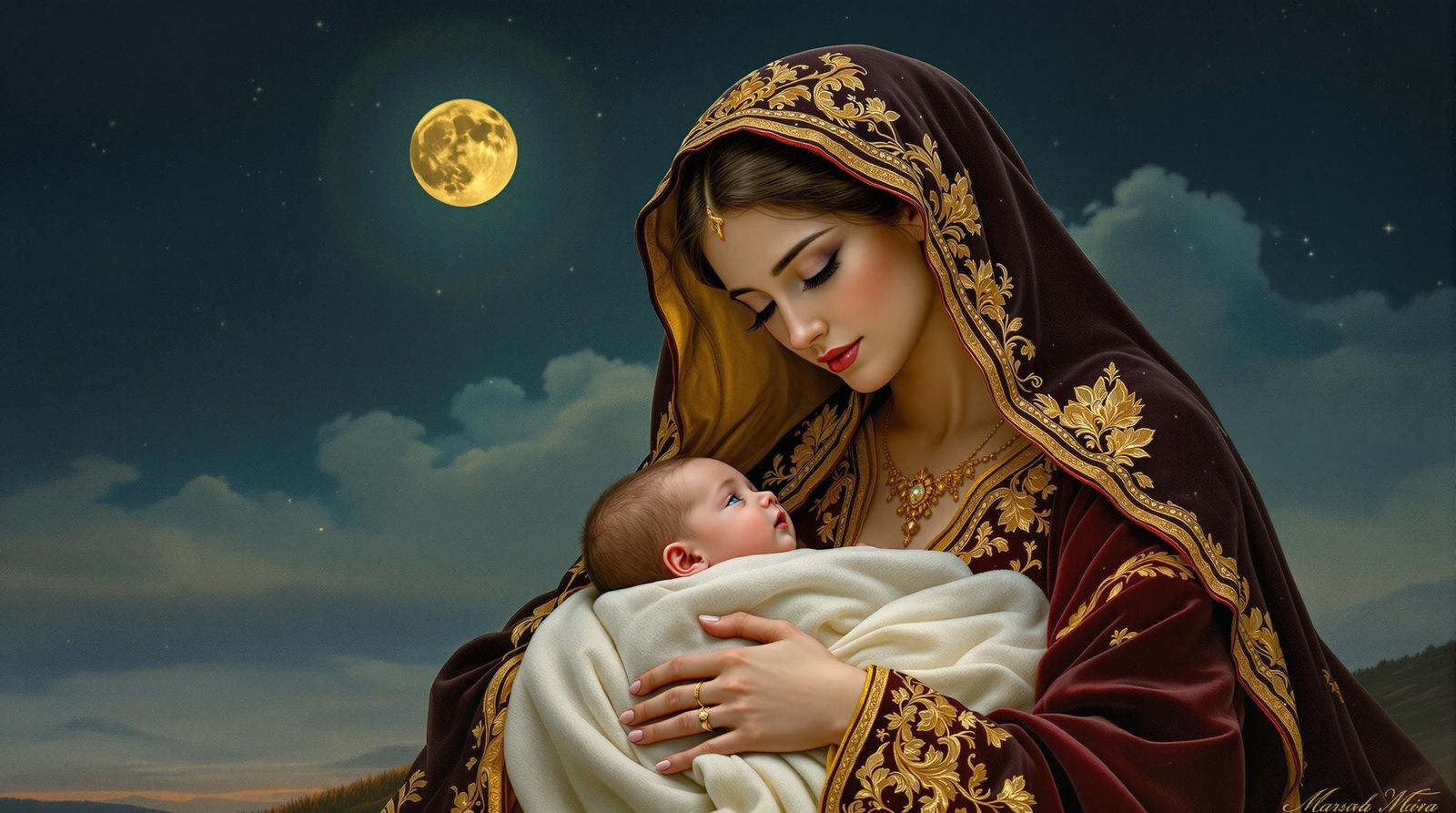 Fragile Madonna Holds Baby Jesus Under Starry Night