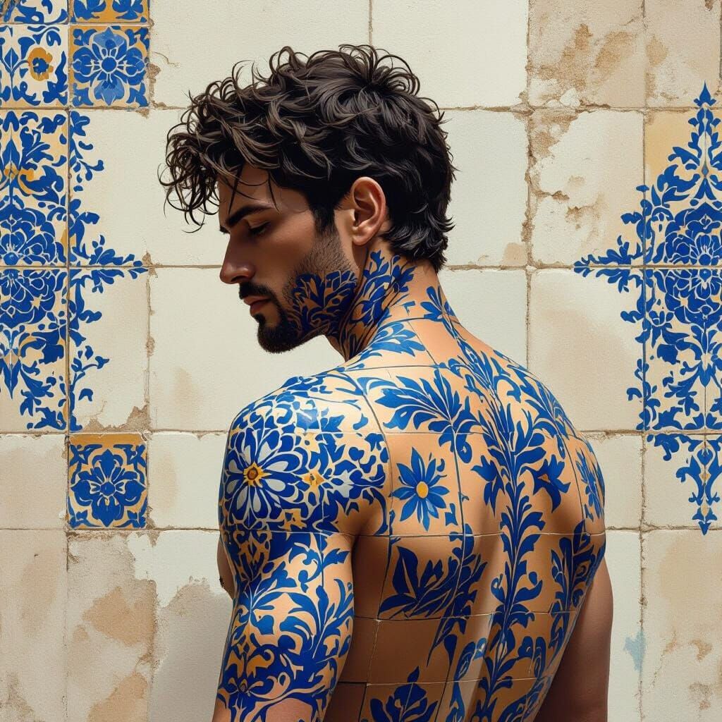 Man with Azulejo Tile Back in Matte Painting Style