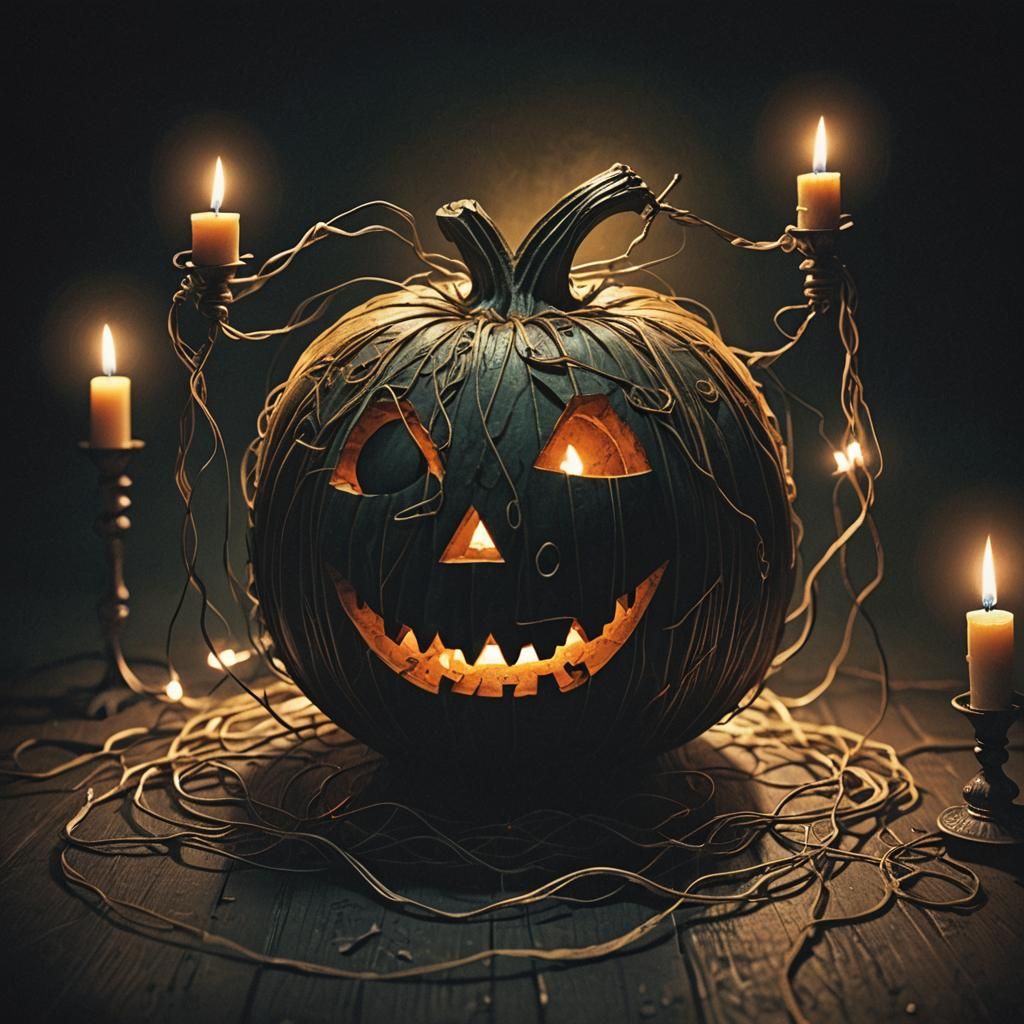 Eerie String Pumpkin with Dolls in Dark Fantasy Style