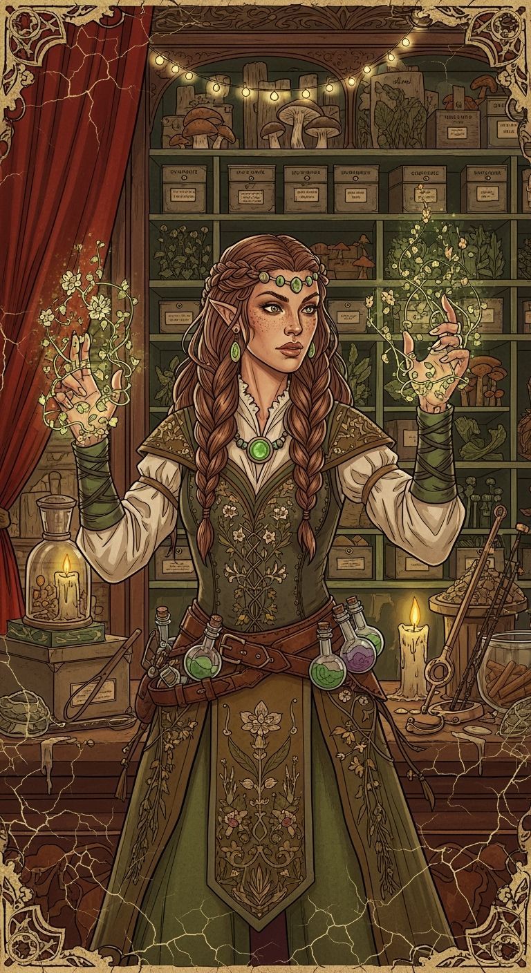 Dryad Scientist Summoning Blooming Vines in Apothecary