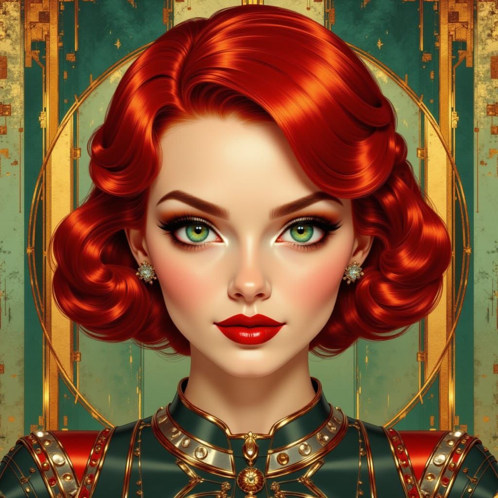 Art Deco Woman with Glowing Red Hair and Green Eyes