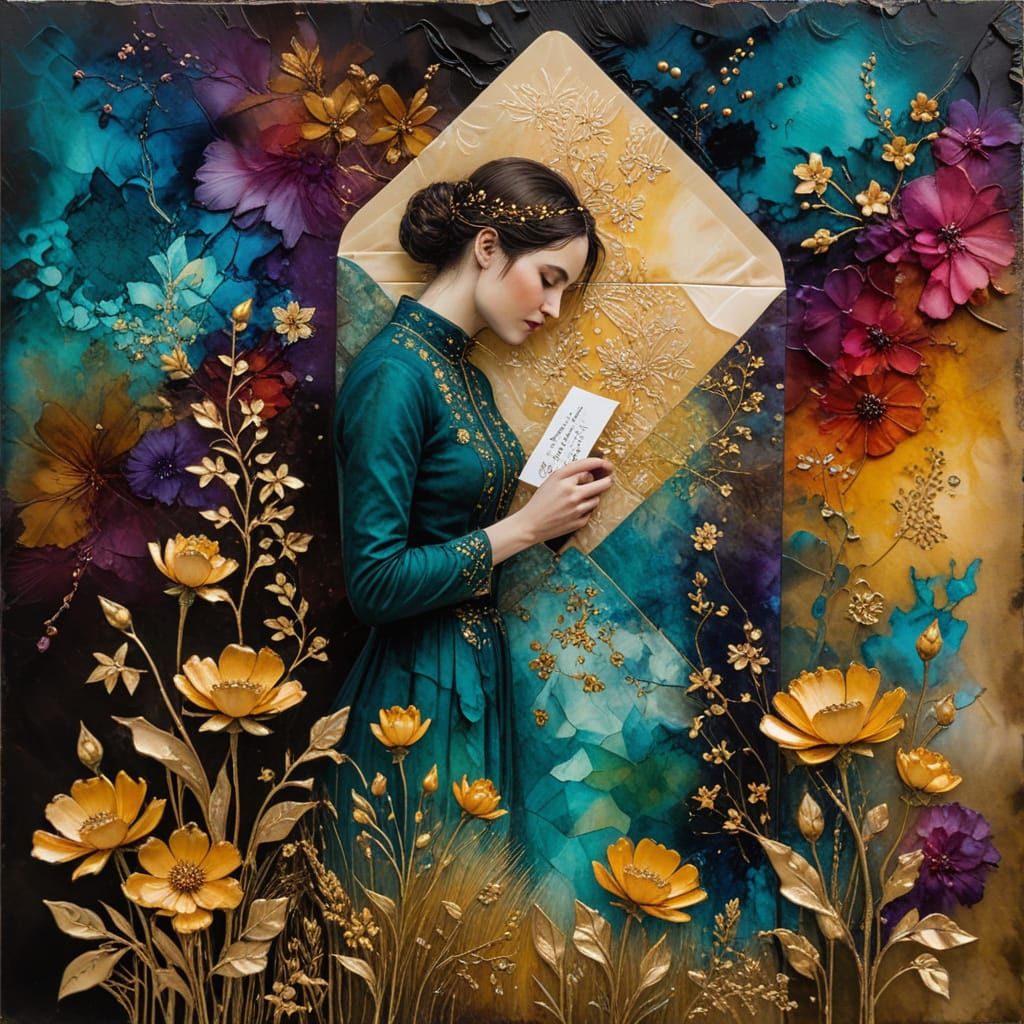 Golden Embellished Scene with Worn Embroidery and Patterned ...