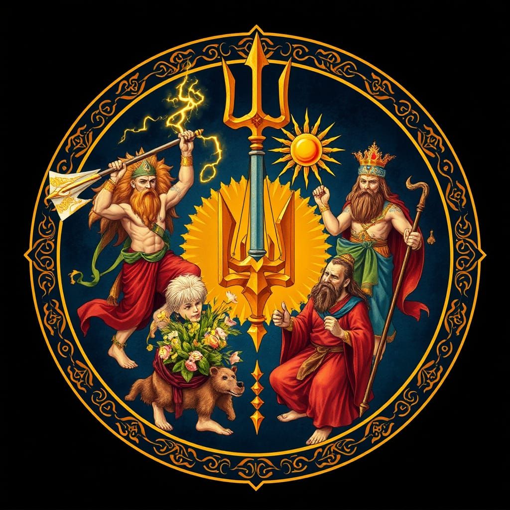 Ancient Ukrainian Gods Gather Around a Central Trident