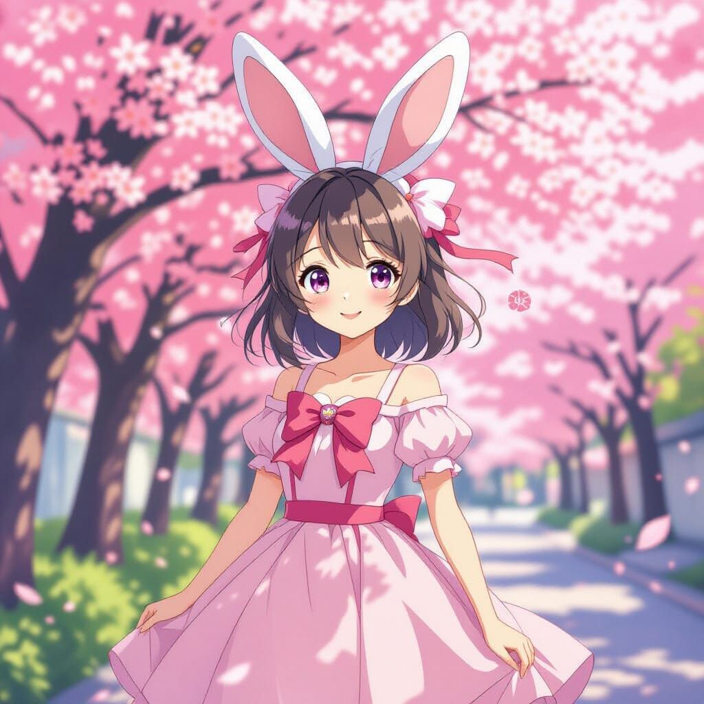 Anime Girl with Bunny Ears in Cherry Blossom Garden