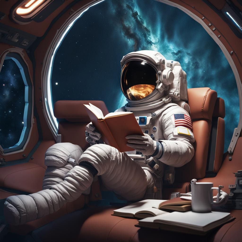 Astronaut Reading Book in Space: Detailed Matte Painting