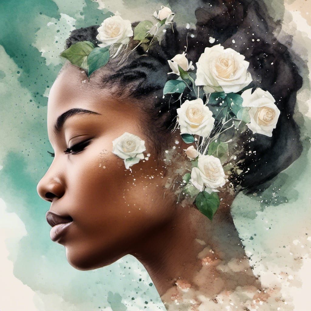 Double Exposure Portrait with Rose in Watercolor Style