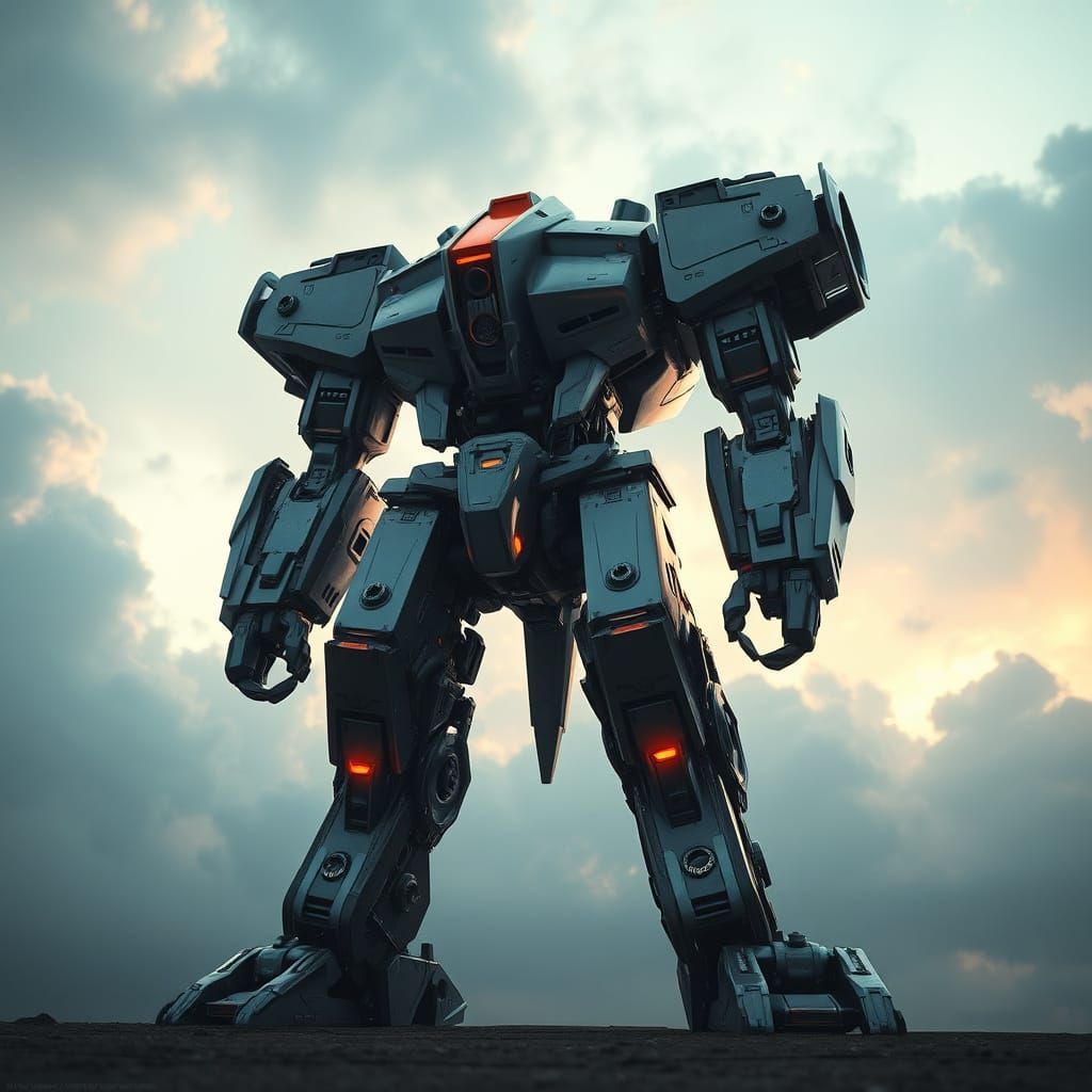 Majestic Cyberpunk Mecha Robot in Futuristic Landscape