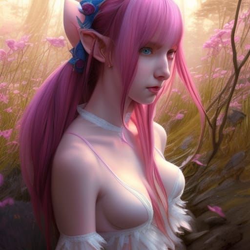 Elf with Pink Hair in Forest, Detailed Digital Art