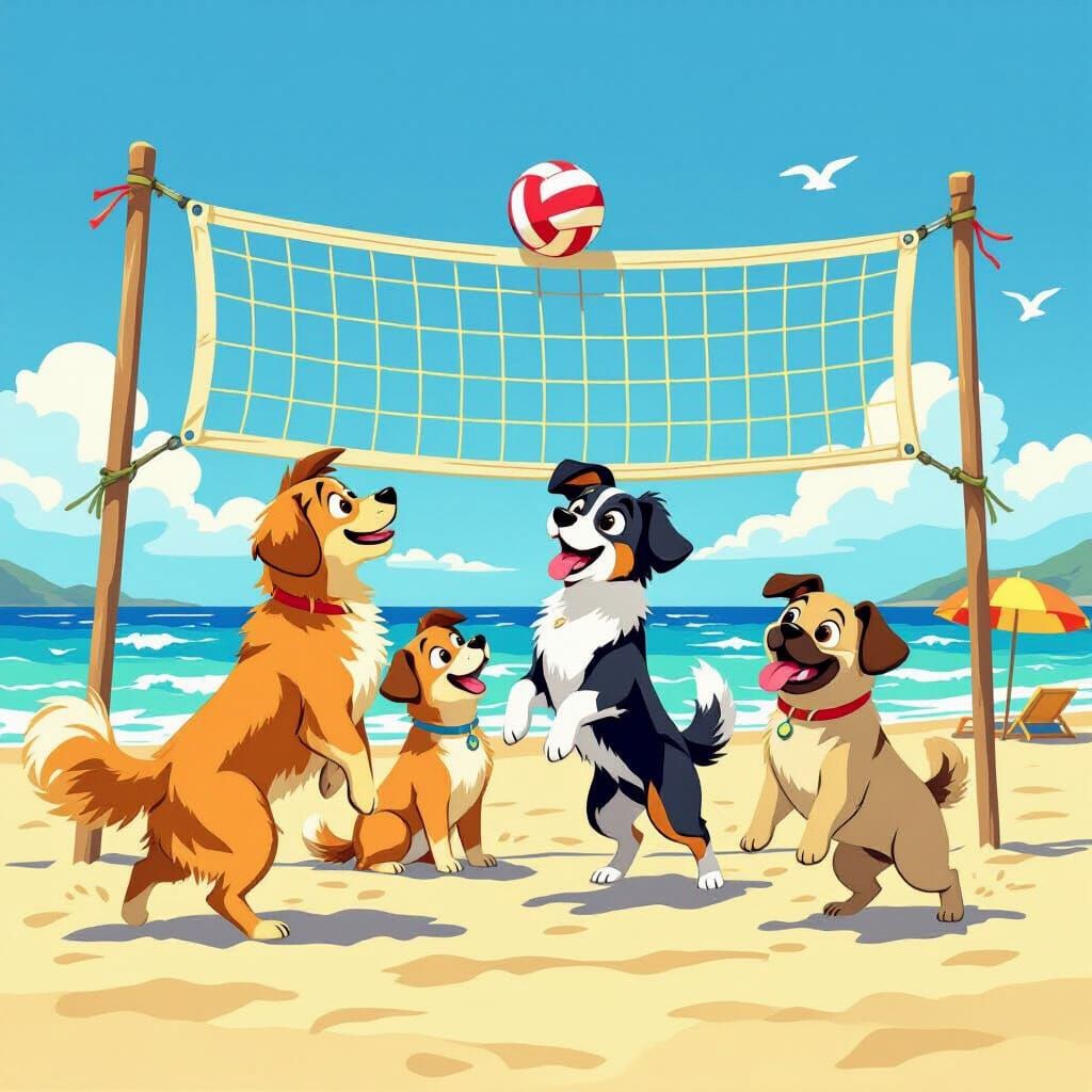 Dogs Play Volleyball on Sunny Beach in Cartoon Style