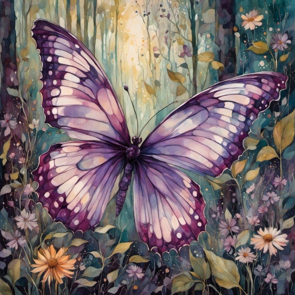 Purple Butterfly on Floral Branch in Art Nouveau Style