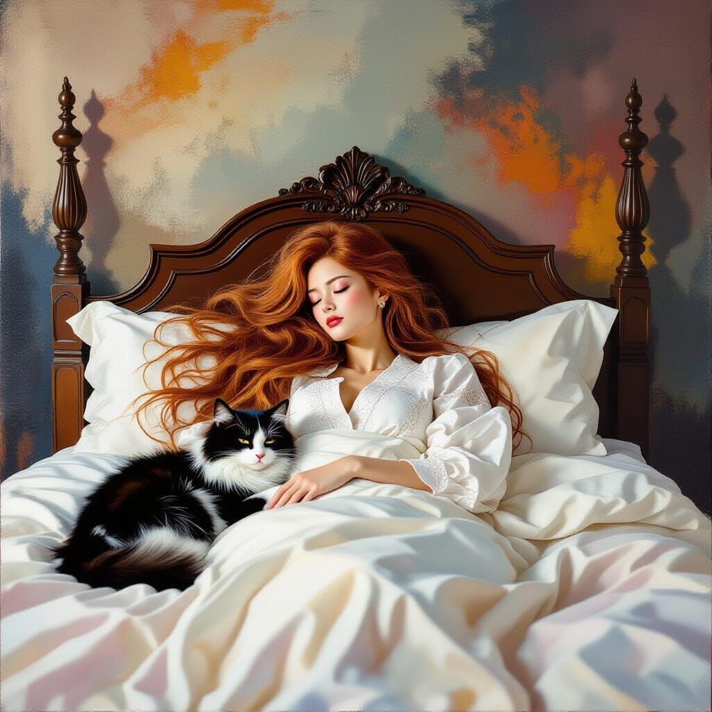 Japanese Woman Asleep in Bed with Cat: Abstract Expressionis...