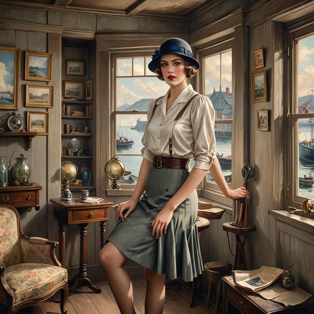 1920s Woman in Flapper Dress Overlooking Fishing Village