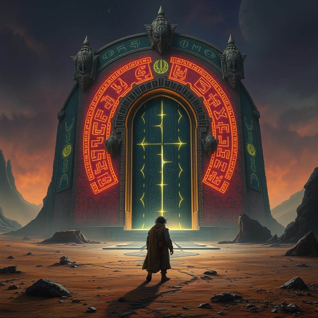 Otherworldly Gate on Alien Planet in Dark Surreal Style