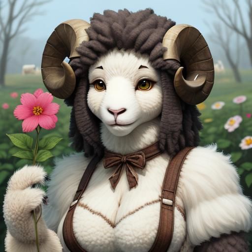 Cute Furry Sheep Girl Selling Flowers
