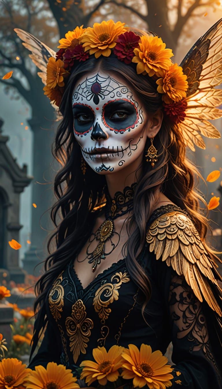 Day of the Dead Fairy in Cemetery with Eagle Wings