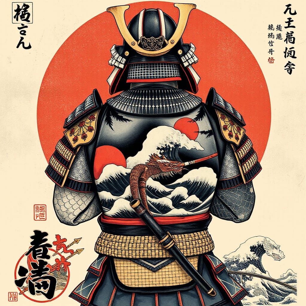Samurai with Ukiyo-e Tattoo Art