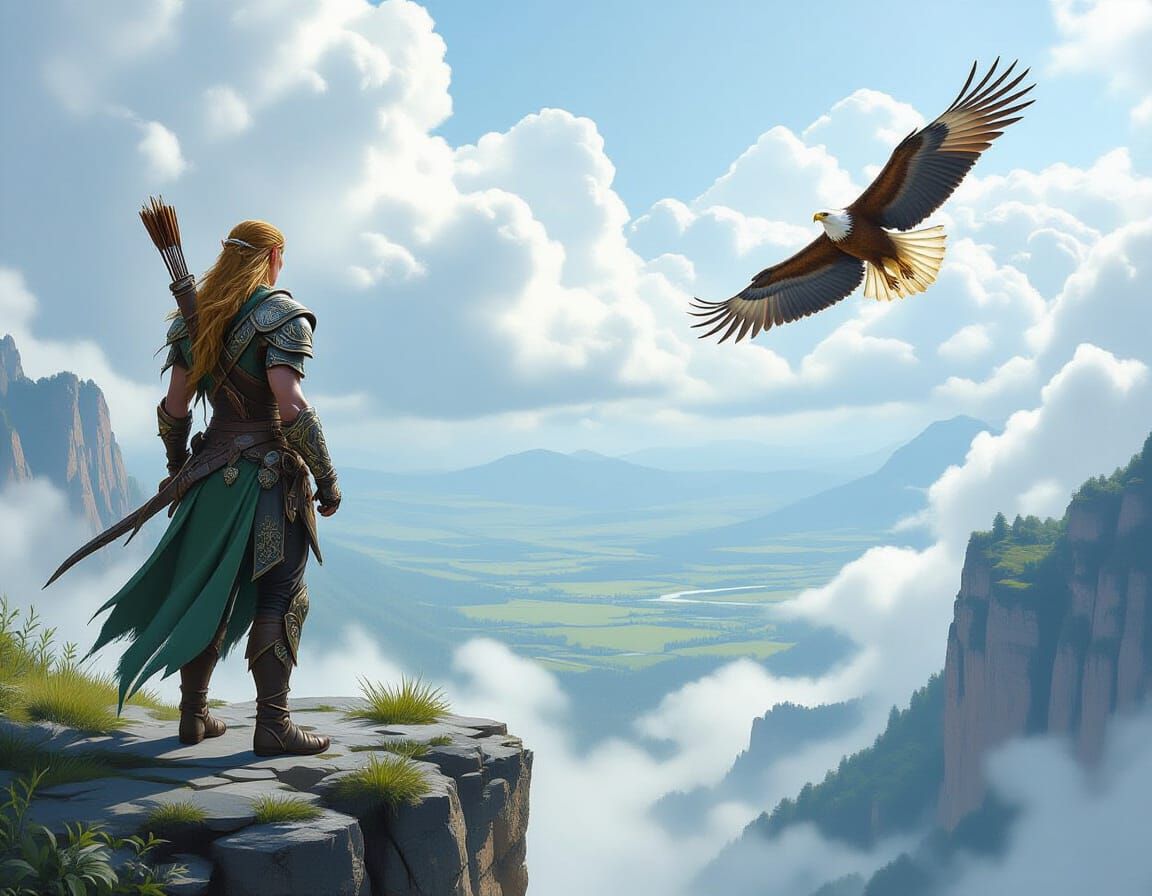 Elf Ranger on Cliff Overlooking Misty Valley