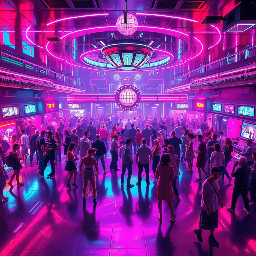 Retrofuturistic Disco Dance Floor in Neon-Lit 2075