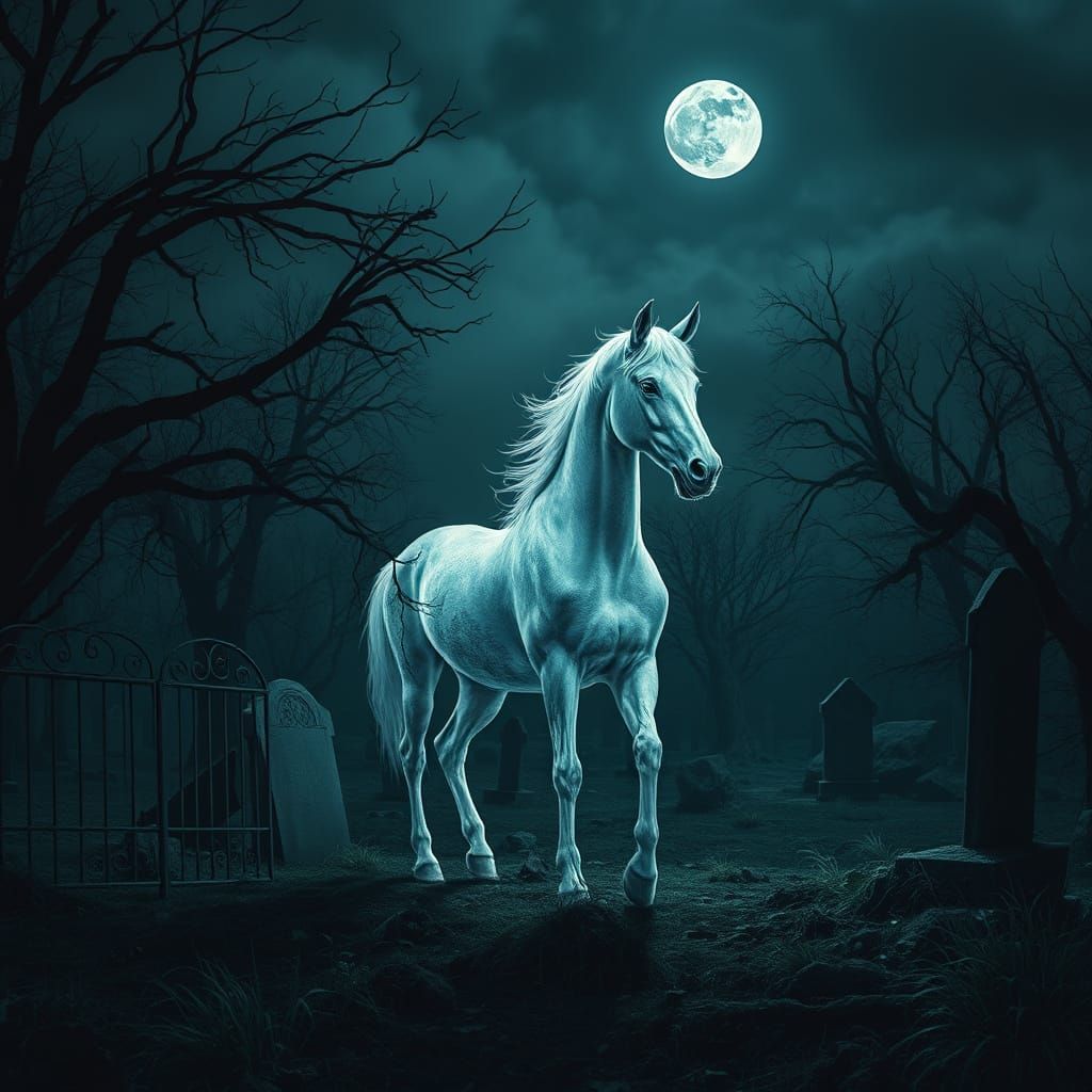 Ghostly Horse in Abandoned Cemetery Under Grey Moon
