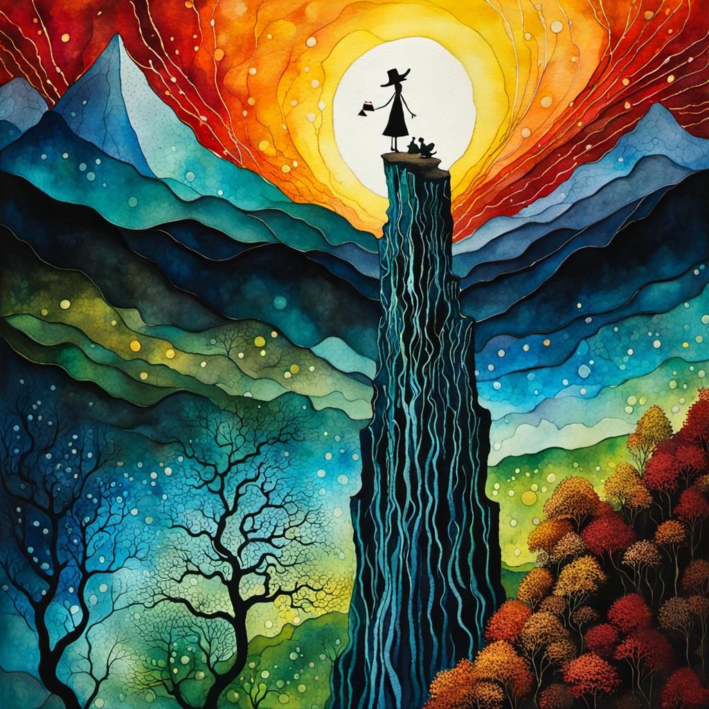 Polychromatic Abstract Landscape with Happy Woman