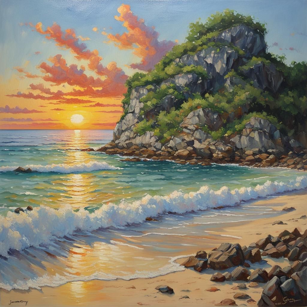 Okinawa Sunset Beach as Oil Painting